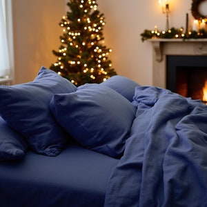 Christmas Indigo Linen Bedspread softened linen Bed Cover Queen King size blue linen coverlet azure linen bed throw blanket couch cover