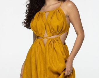 Robe en lin ambre Eve Goddess robe longue en lin dos nu avec liens Burning man festival romantique robe Coachella en lin jaune taille personnalisée