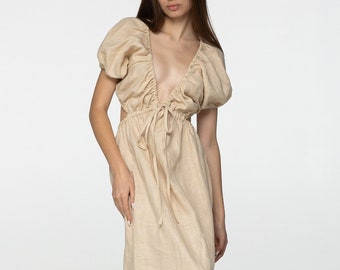Sand linen dress Flora Plunging neckline open back long linen dress with puffy sleeves Low cut beige dress with plunge back Custom sizes