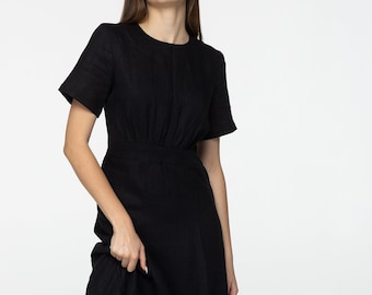 Black linen midi t shirt dress Fiona Long simple dress Simple basic summer dress Minimalist casual pure black linen dress Custom size