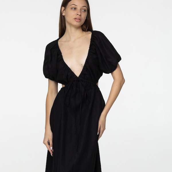 plunging neck tie back lace panel waist dress