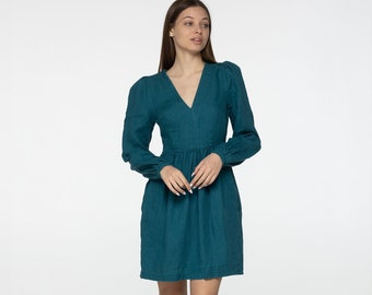 Mini robe en lin sarcelle Sophia Linen col en V manches longues lanterne robe de style romantique Robe courte en lin bleu avec poches Plus tailles