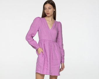 Flamingo linen mini dress Sophia Linen v neck long lantern sleeves romantic style dress Short pink linen dress with pockets Plus sizes