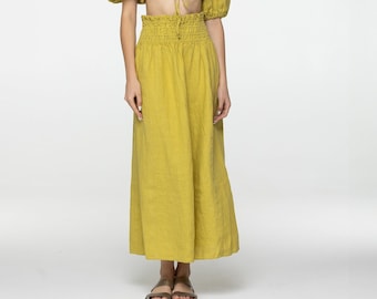 Loose Lemon linen maxi skirt Kiara Wide comfortable elastic waistband High waist romantic linen skirts with slit Custom Plus size