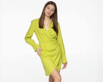 Mini-robe en lin citron vert Scarlett Linen col en v manches longues chemise style chemisier robe courte verte robe en lin portefeuille grande taille