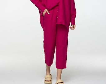 Fuchsia linen high waist pajama style pants Kate Home comfortable linen pants with pockets and elastic waistband Straight leg Custom sizes