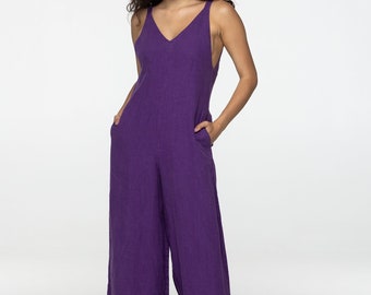 Fitted violet summer linen jumpsuit Charlotte Wide leg loose fit linen romper dungarees Plus size custom size linen overalls with pockets