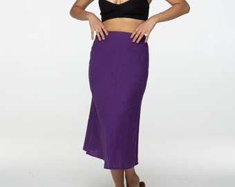Fit violet linen midi skirt Gloria Summer skirt with elastic waistband and lining High waist office linen skirts Custom Plus size