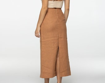 Fitted almond linen maxi skirt Brigit with zipper Slim high waist office linen skirts with back slit Custom Plus size
