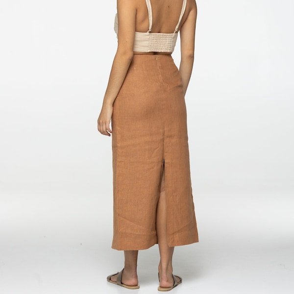 Fitted almond linen maxi skirt Brigit with zipper Slim high waist office linen skirts with back slit Custom Plus size