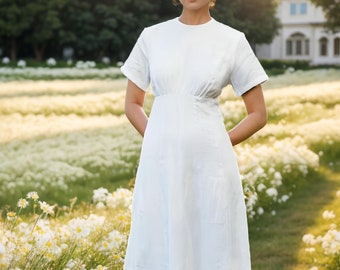 White linen midi t shirt dress Fiona Long simple dress Simple basic summer dress Minimalist casual pure white linen dress Custom size