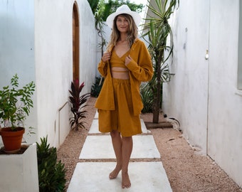 Shorts de cintura alta de linho âmbar Samantha Verão, shorts longos e relaxados, cintura elástica, bermuda com bolsos, perna larga, tamanhos personalizados