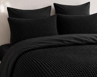 Black waffle 100% cotton duvet cover set