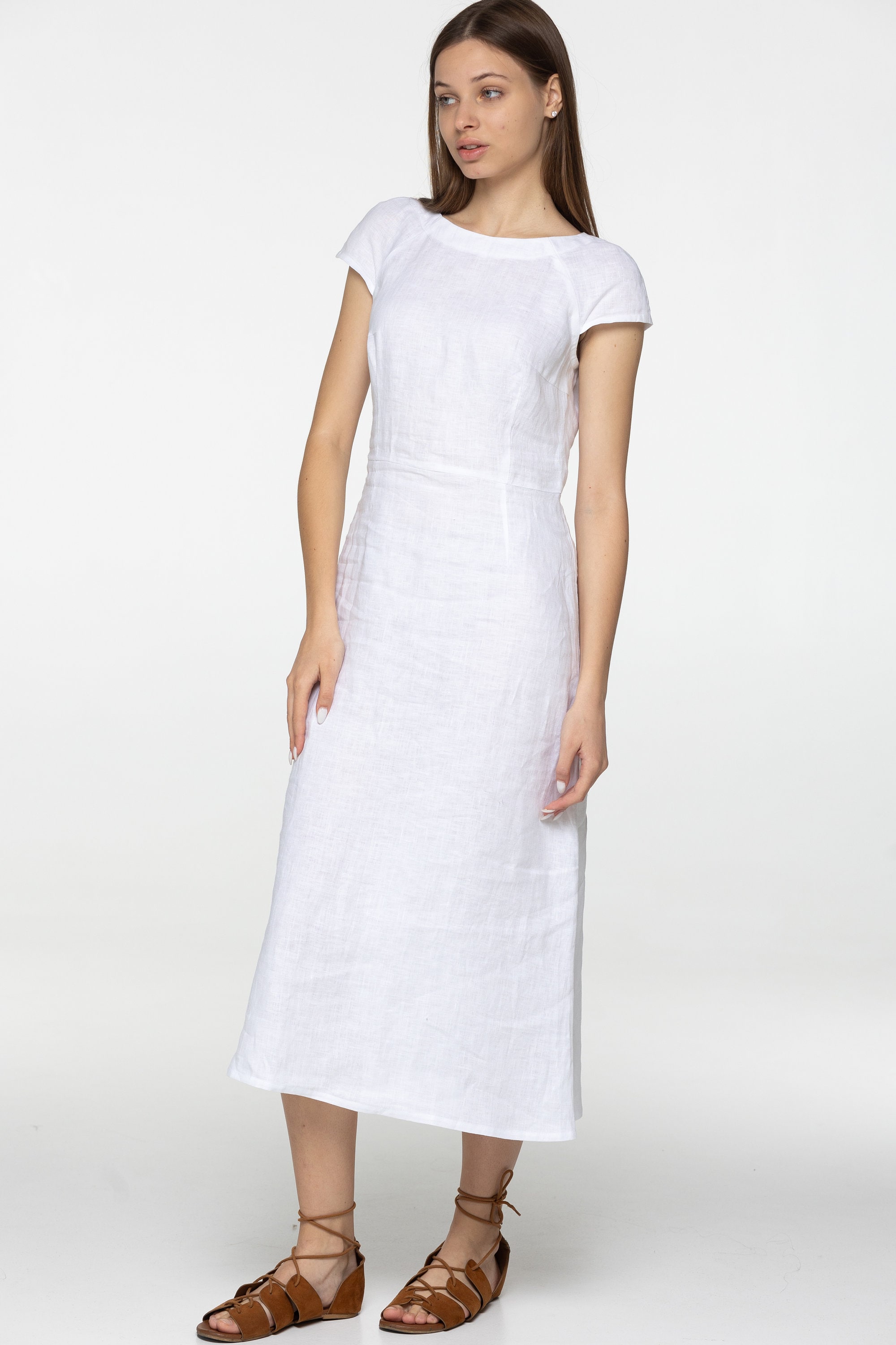 White Linen Midi Short Sleeve Dress Cara Long Simple Dress Simple Basic — free download