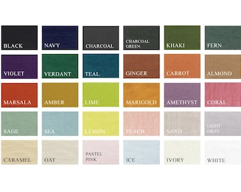 May include: A colour chart displaying fabric swatches in a range of hues. The chart includes colours such as black, navy, charcoal, khaki, violet, teal, ginger, carrot, and almond. Each swatch has the colour name printed in white text.