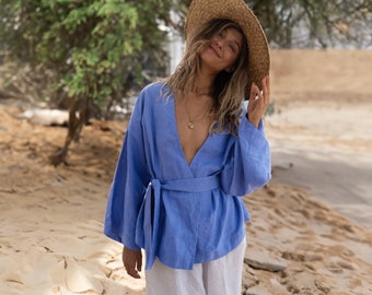 Cornflower linen kimono top Lexa Wide sleeves wrap blouse with tie Loose cropped sleeves linen wrap top Japanese kimono jacket