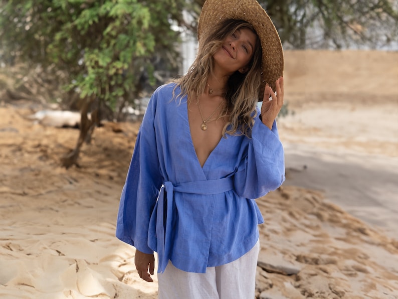 Cornflower linen kimono top Lexa Wide sleeves wrap blouse with tie Loose cropped sleeves linen wrap top Japanese kimono jacket image 1