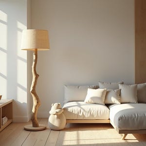 May include: A neutral-toned living room with a natural wood floor and a large sectional sofa. A floor lamp with a tree-branch-like base and a beige lampshade stands next to the sofa. A decorative bear-shaped pillow sits on the floor.