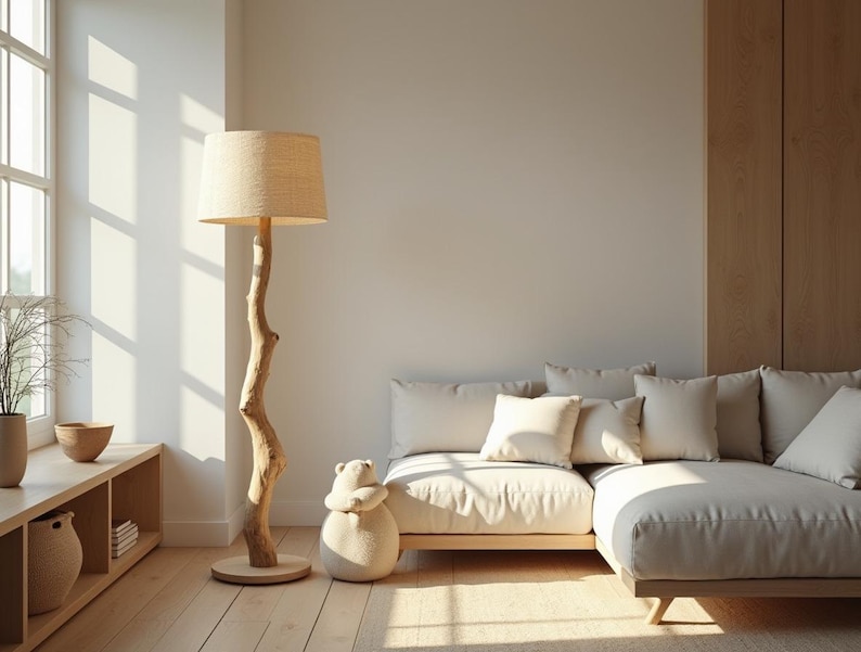 May include: A neutral-toned living room with a natural wood floor and a large sectional sofa. A floor lamp with a tree-branch-like base and a beige lampshade stands next to the sofa. A decorative bear-shaped pillow sits on the floor.
