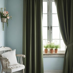 Dark olive linen curtain Rustic Natural Drapes pair blackout or regular, with optional cotton lining, custom sizing available
