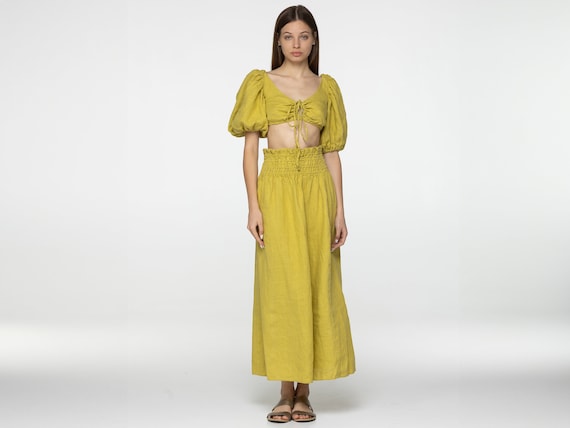 Citron Linen Set of Wrap Crop Top and Maxi Skirt Kiara Set Open Back Top  With Puffed Sleeves Loose High Waist Skirt Yellow Linen Clothing - Etsy  Denmark