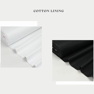 May include: The image displays two rolls of cotton lining fabric. One roll is white, and the other is black. The text "COTTON LINING" is at the top of the image. The fabric is neatly rolled, showing the texture and quality of the material.