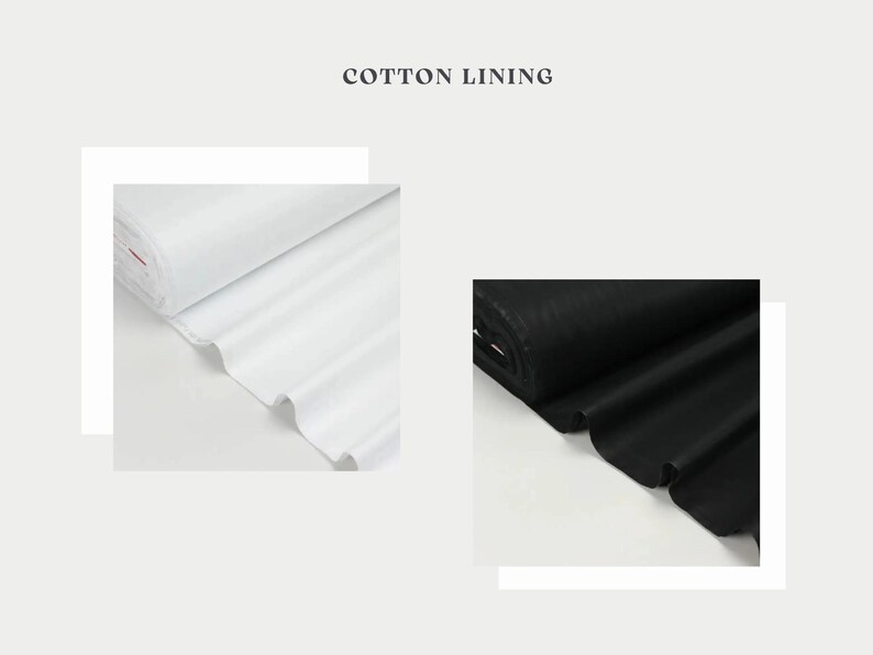 May include: The image displays two rolls of cotton lining fabric. One roll is white, and the other is black. The text "COTTON LINING" is at the top of the image. The fabric is neatly rolled, showing the texture and quality of the material.