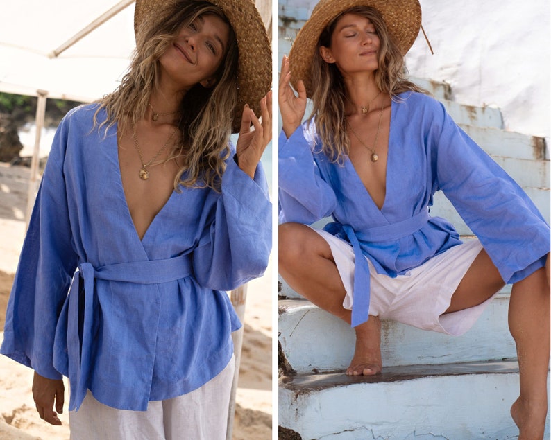 Cornflower linen kimono top Lexa Wide sleeves wrap blouse with tie Loose cropped sleeves linen wrap top Japanese kimono jacket image 7