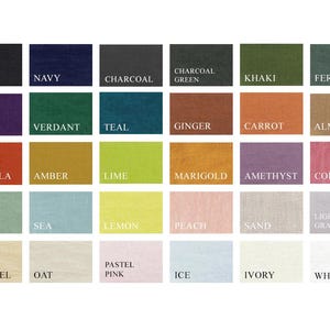 May include: A color chart featuring fabric swatches in various shades. The chart includes colors like black, navy, charcoal, khaki, violet, teal, ginger, carrot, and almond. Each swatch has the color name printed in white text.