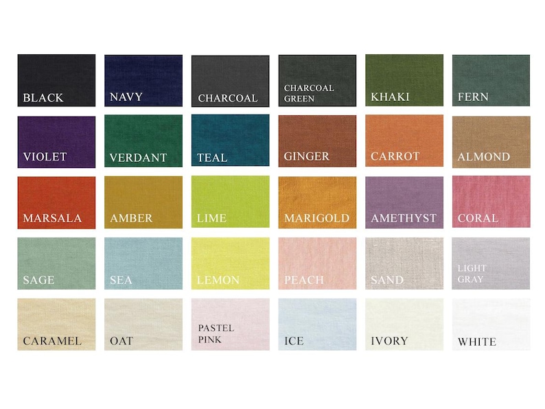 May include: A color chart featuring fabric swatches in various shades. The chart includes colors like black, navy, charcoal, khaki, violet, teal, ginger, carrot, and almond. Each swatch has the color name printed in white text.