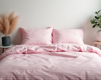 Pink Stripe Cotton Bedding Set 1 Duvet cover and 2 Pillowcases Soft Checkered Bedding Cozy Bedroom Decor