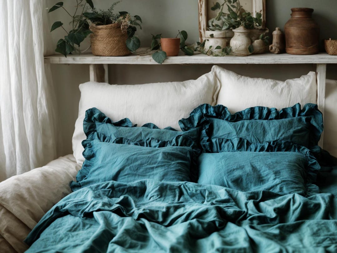 Teal Ruffled Linen Pillow Cover Soft Linen Pillowcase With in Standard ...