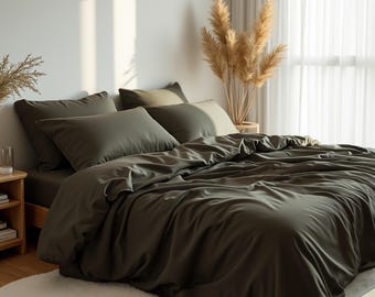 Taupe satin bedding set 1 Duvet cover and 2 Pillowcases Cotton satin bedding Comforter cover set