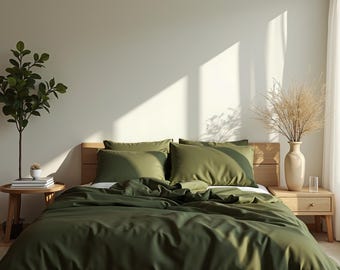 Dark olive sateen bedding set 1 Duvet cover and 2 Pillowcases Cotton satin bedding Comforter cover set