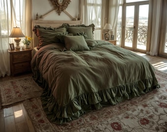 May include: A green ruffled bedspread with a white ruffled headboard and pillows. The bed is in a bedroom with a wooden floor and a rug.