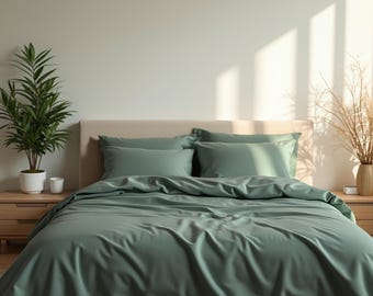 Pine green sateen bedding set 1 Duvet cover and 2 Pillowcases Cotton satin bedding Comforter cover set