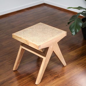 Beige Oak Stool with Natural Rattan Seat Handmade Wooden Stool, Boho Vanity Stool, Natural Wood Seating for Home Decor