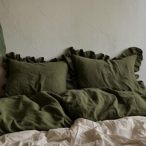 Khaki ruffled linen pillow cover Soft Linen Pillowcase with in Standard, Queen, King or Custom Sizes