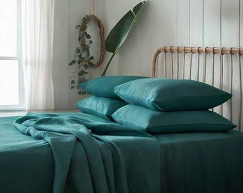 Lençol de linho azul-petróleo 1 Lençol de cima Roupa de cama 100% linho lavado a pedra para conforto natural