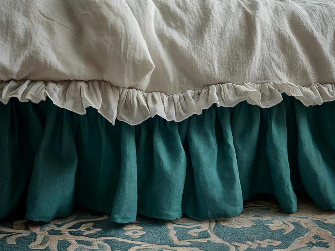 Teal Linen Ruffled Bed Skirt Soft Gathered Dust Ruffle Linen Dust ...