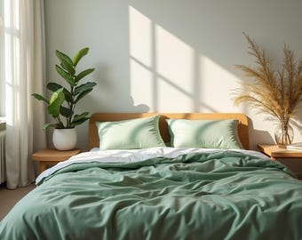 Sage satin bedding set 1 Duvet cover and 2 Pillowcases Cotton satin bedding Comforter cover set