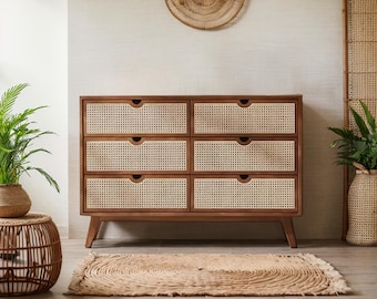 Brown Solid Oak Dresser with Rattan Drawers Handmade Wooden Storage Cabinet