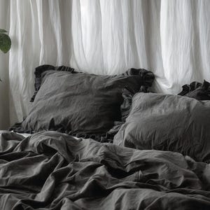 Charcoal ruffled linen pillow cover Soft Linen Pillowcase with in Standard, Queen, King or Custom Sizes