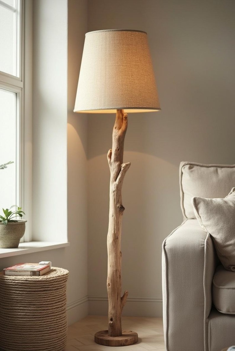 May include: A tall, natural wood floor lamp with a beige linen shade. The lamp's base is a thick, textured branch, and the shade is a classic tapered shape. The lamp is in a neutral-toned living room.