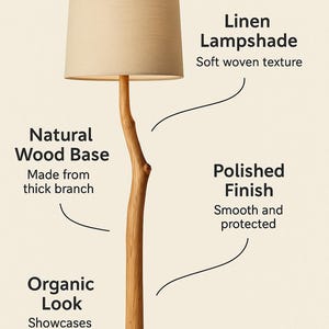 May include: A floor lamp with a linen lampshade and a natural wood base made from a thick branch. The lamp has a polished finish and an organic look, showcasing the natural grain.