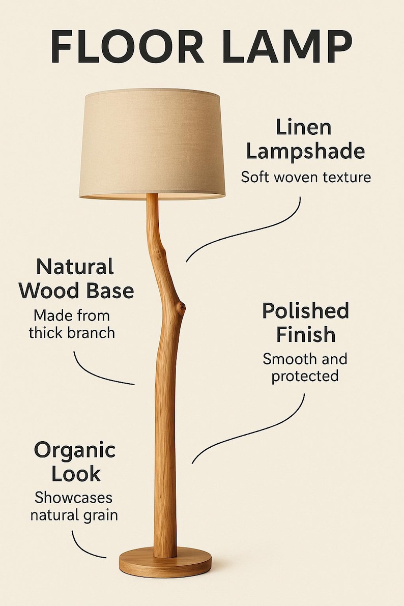 May include: A floor lamp with a linen lampshade and a natural wood base made from a thick branch. The lamp has a polished finish and an organic look, showcasing the natural grain.