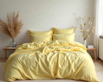 Pastel yellow sateen bedding set 1 Duvet cover and 2 Pillowcases Cotton satin bedding Comforter cover setPaste