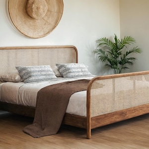 Brown Oak Bed with Rattan Headboard and Footboard  Wooden Bed Frame, Boho Style Bed, Natural Rattan Accent Bed for Bedroom