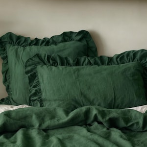 Verdant ruffled linen pillow cover Soft Linen Pillowcase with in Standard, Queen, King or Custom Sizes