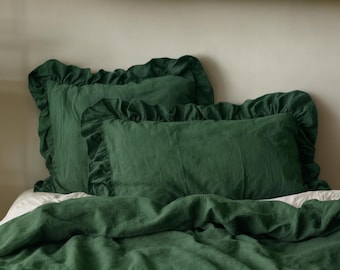 Verdant ruffled linen pillow cover Soft Linen Pillowcase with in Standard, Queen, King or Custom Sizes